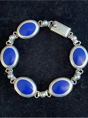 Vintage Sterling Silver 925 Blue Enamel Inlay Link Bracelet Mexico 925. 7 Inches